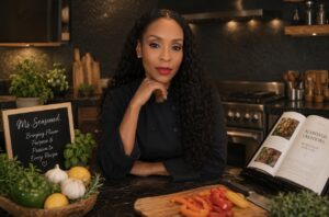 Creator of Miss-Lou Cooking , posing in a gourmet kitchen waering a black chef coatwith fresh herbs and ingredients.